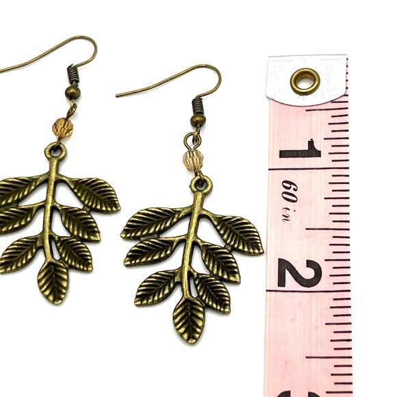 HAND CRAFTED Bronze Leaf Boho Chunky Earrings with Gold Crystal - Picture 4 of 4